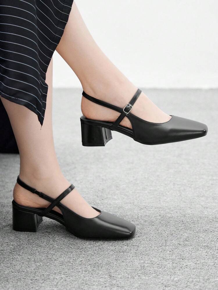 CUCCOO BIZCHIC Women's Square Toe Mid-Chunky Heel Slingback Pumps, Classic Black Minimalist Design, Suitable For Daily Commute, Work, And Casual Outings For Christmas Spring Shoes