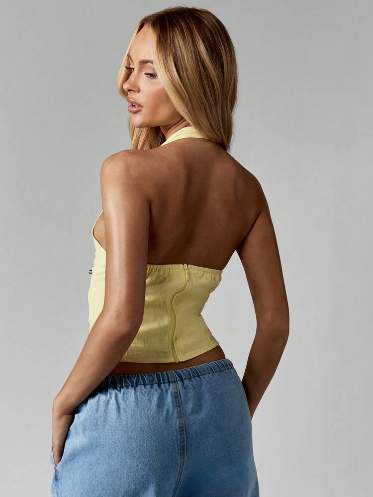 MISSGUIDED Summery Halter Neck Linen Crop Top With Beaded Front Detail Backless Party Holiday Evening Occasion Wear