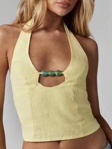 MISSGUIDED Áo croptop bằng vải lanh cổ yếm mùa hè với chi tiết đính hạt phía trước, hở lưng, thích hợp cho các bữa tiệc, kỳ nghỉ, buổi tối. - Màu vàng - Xem 5