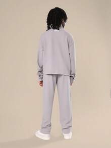 SUMWON Textured Ribbed Relaxed Fit Button Down Shirt And Pants Set With Front Pocket Everyday Casual Wear Outfit For Fall Winter - Light Wash - View 2