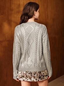 Anewsta 女式复古优雅超大高领宽松针织金属箔毛衣，休闲俱乐部服装，浅灰色上衣 - 銀色 - 查看 7