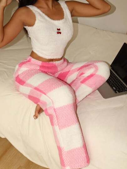 Lowkey Lull 2pcs Women Casual Plush Coral Fleece Reversible Checkered Cherry Bow Decor Sleeveless Top And Pants Homewear Set, Suitable For Christmas, Fall Winter Clothes, Cozy Outfit, Fluffy