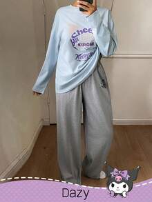 DAZY HELLO KITTY AND FRIENDS | SHEIN 女士休闲宽松字母印花长袖上衣和裤子睡衣套装，秋季、秋冬季服装 - 淺藍色 - 查看 4
