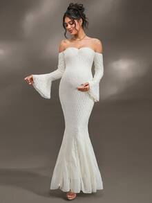 Cheriluna Maternity Vestido de maternidade com manga comprida e ombro de fora, justo, de chiffon e renda, adequado para festa de Natal, festa elegante, chá de bebê