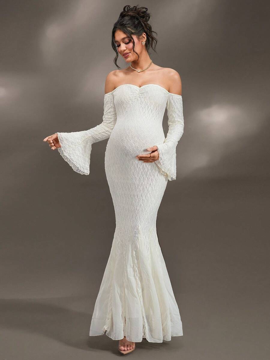 Cheriluna Maternity Vestido de maternidade com manga comprida e ombro de fora, justo, de chiffon e renda, adequado para festa de Natal, festa elegante, chá de bebê