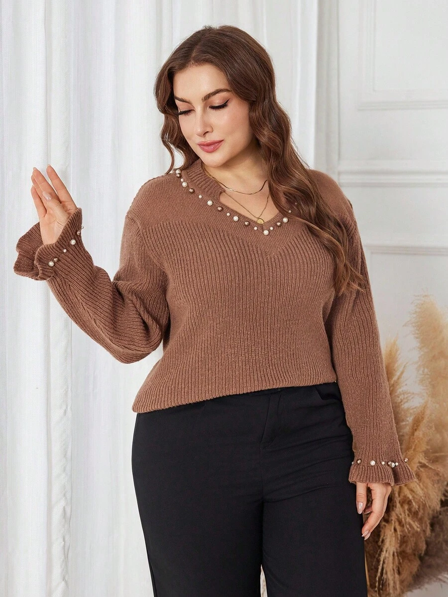 Lacomfia Plus Size Elegant Beaded Embellished Sweater, Autumn/Winter - Coffee Brown - View 1