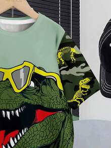 SHEIN 2 件套青少年男童休闲简约圆领短袖衬衫和短裤套装，夏季 - 白色 - 查看 3