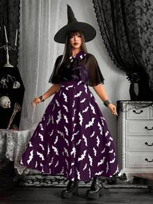 Whyspr 2 pièces/set Robe camisole élégante gothique avec imprimé chauve-souris et étole en mousseline, tenue de cosplay pour fête d'Halloween - Prune - Voir 7
