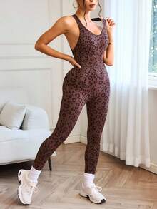 Slayform 女士无缝豹纹连体衣，修身版型，性感背部 - 棕色 - 查看 6