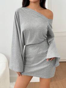 SHEIN PETITE Váy ngắn tay chuông cổ lệch màu thời trang dành cho nữ, hở vai, váy đi chơi, váy mùa thu dành cho nữ - Xám - Xem 8