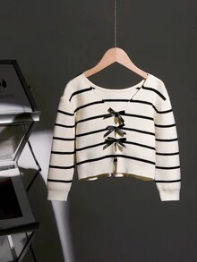 2025 Autumn/Winter New Stylish Girls Sweaters, V-Neck Bowknot Striped Long Sleeve Loose Knitted Pullover Sweater, Versatile & Elegant Design, Suitable For Daily Wear, Outings And Travels In Autumn/Winter Fall - Apricot - View 1