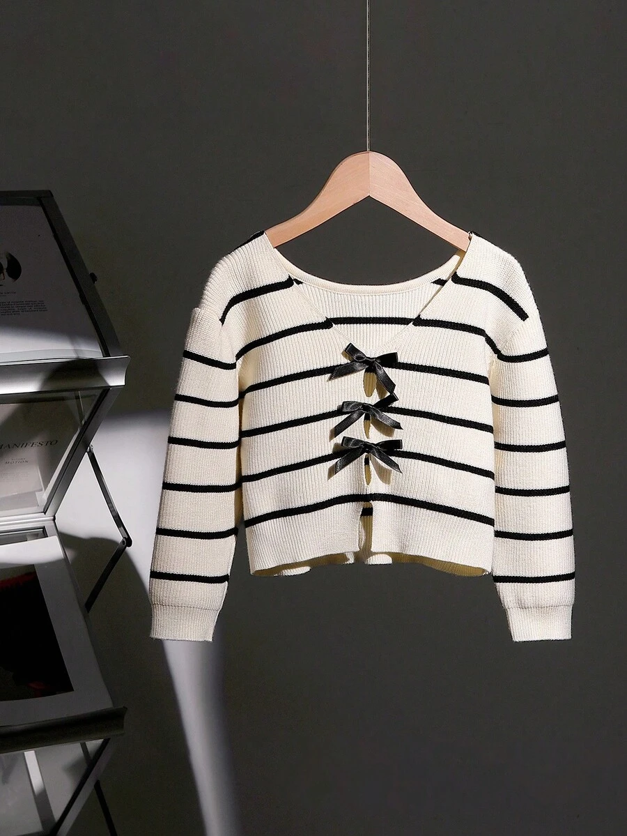 2025 Autumn/Winter New Stylish Girls Sweaters, V-Neck Bowknot Striped Long Sleeve Loose Knitted Pullover Sweater, Versatile & Elegant Design, Suitable For Daily Wear, Outings And Travels In Autumn/Winter Fall - Apricot - View 1