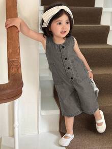 DAZY 女童圆领休闲水洗牛仔连体裤 - 灰色 - 查看 4