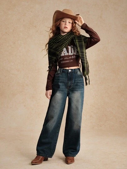 Girl & Girls' Versatile Casual All-Match Loose Straight Leg Washed Denim Jeans, Comfortable & Suitable For All Seasons Fall Winter