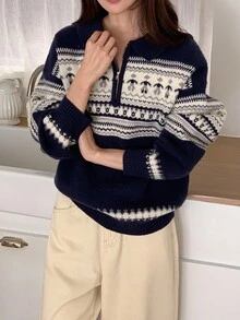 DAZY 女式休闲圣诞风格宽松长袖毛衣 - 淺藍色 - 查看 1