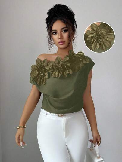 Elenzga Women's Elegant 3D Floral Decor Asymmetric Collar Blouse, Summer