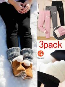 SHEIN Bộ 3 quần legging lót nhiệt màu trơn họa tiết trái tim cho bé gái - Nhiều màu - Xem 3