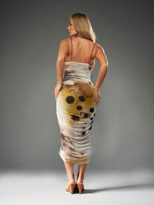 MISSGUIDED Vestido midi elegante de malla fruncida con ribete de encaje, estampado abstracto de acuarela, para fiesta de noche, boda o invitado, con tirantes finos y ajuste ceñido - Multicolor - Ver 2