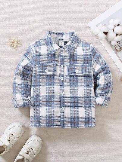 SHEIN Genkimix Kids 小男孩休闲时尚翻领长袖格子衬衫，清新时尚，面料柔软舒适，适合上学、逛街、郊游、度假等场合