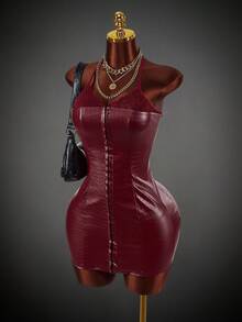 Y2K Amplova Women's Sexy Lace Patchwork Backless Halter Mini Dress, Summer Red - Burgundy - View 4