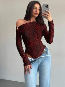 Aloruh Bộ đồ liền thân dài tay một vai, thắt nút kim loại, họa tiết da báo, nhún bèo, thoải mái, dành cho nữ ngoài trời - Nhiều màu - Xem 7