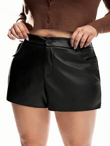Solavibe Plus Size High Waist Solid Color Zipper Shorts, Autumn/Winter - Black - View 5