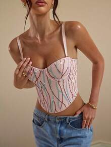 SHEIN BAE Camiseta de tirantes delicada y brillante para mujer, adecuada para fiestas, banquetes, eventos de cóctel y salidas nocturnas en otoño - Albaricoque - Ver 1