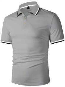 Calvornis 男士對比條紋扣子休閒短袖 Polo 衫，夏季短袖休閒通勤 Polo 衫，適用於高爾夫、正式場合、典禮 - 灰色 - 查看 5