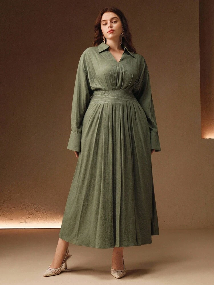 Women's Elegant Commuter Dress, Green Long Sleeve Waist Pleated Collar Dress