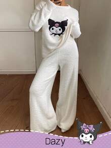 DAZY HELLO KITTY AND FRIENDS | SHEIN Women's Cute Cartoon Pattern Letter Embroidered Teddy Fleece Warm Pajama Set, Winter, Fall Clothes - White - View 4