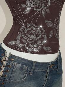 SHEIN ICON Áo hai dây thêu hoa sequin lấp lánh thời trang Boho cổ điển mùa hè Y2k dành cho nữ đi chơi - màu nâu - Xem 9