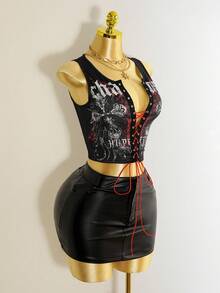 Mistrie 女式复古印花交叉系带短款背心，夏季 - 黑色 - 查看 4