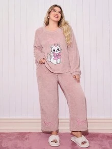 SweetSlumber Plus Size Sweet And Cute Embroidered Bow Princess Cat Thickened Two-Piece Comfortable Cozy Pajama Set, Winter Clothes, Fluffy - Pink - View 5