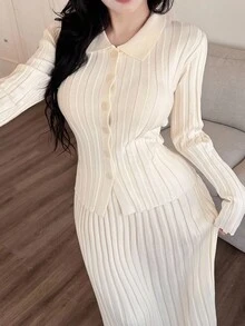 DAZY 女士优雅纯色翻领开衫和裙子两件套，秋季 - 米色 - 查看 4