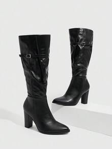 CUCCOO SZL Women's Black Over-The-Knee Boots, Chunky Heel, Strap & Lace-Up, Fashion Shoes, High Boots, Pointed Toe - Black - View 1