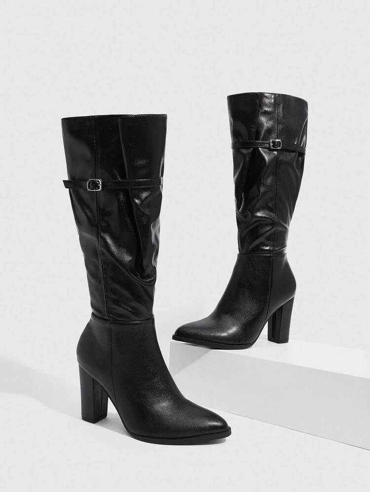 CUCCOO SZL Women's Black Over-The-Knee Boots, Chunky Heel, Strap & Lace-Up, Fashion Shoes, High Boots, Pointed Toe