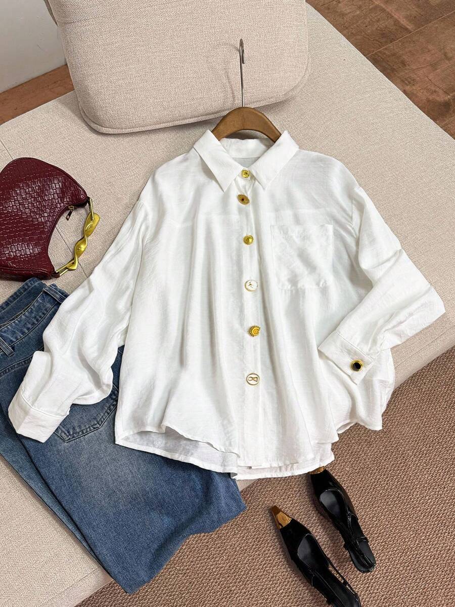Firerie 大码女式休闲简约优雅通勤都市时尚街头时尚新款金属纽扣翻领亚麻混纺长袖白衬衫，秋冬春 - 白色 - 查看 1