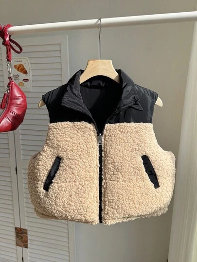 1pc Girls' Fashionable Reversible Padded Coat, Black & Apricot, Soft & Comfortable Fabric, Suitable For Autumn/Winter, Sports, School, Versatile Occasions, Sleeveless, Short Style