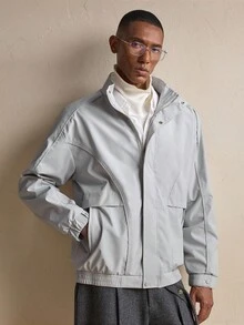 AKNOTIC Business Casual 男士休閒百搭純色長袖拉鍊夾克，適合春季戶外穿著 - 灰色 - 查看 5