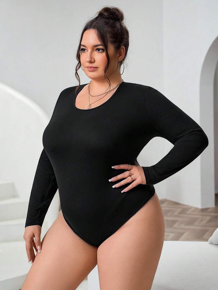 SHEIN CURVE+ Plus Size Versatile Solid Black V-Neck Bodysuit/Fall/Winter - Black - View 5