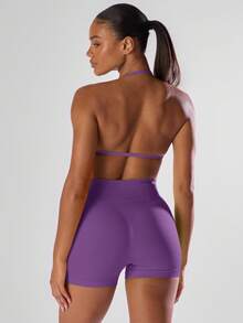 Musera Sport 纯色褶皱露背吊带运动文胸，舒适透气，适合健身房、跑步、俱乐部、板式网球、网球、匹克球、瑜伽、普拉提、日常休闲等运动。 - 紫色 - 查看 2