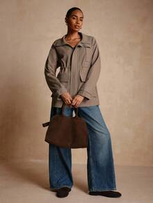 Lyxana Áo khoác nữ cổ đứng rộng rãi, thoải mái, thắt eo, thanh lịch, dáng trễ vai - Màu nâu  Mocha - Xem 7