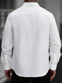 Manfinity Homme 男士白色提花条纹休闲商务刺绣长袖衬衫，秋季 - 白色 - 查看 2