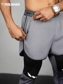 Manfinity Acti Log 男士字母印花拉链口袋二合一运动裤/休闲裤 - 黑色 - 查看 7