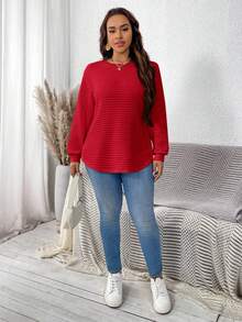 SHEIN LUNE 秋季大码休闲纯色圆领落肩纹理运动衫 - 紅色 - 查看 3