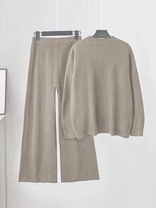 Linhara 大码女士针织羊毛毛衣家居服套装，咖啡色