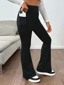 SHEIN Tween女孩黑色高腰緊身高彈力休閒寬鬆制服瑜伽多功能喇叭褲附口袋返校夏季款 - 黑色 - 查看 6