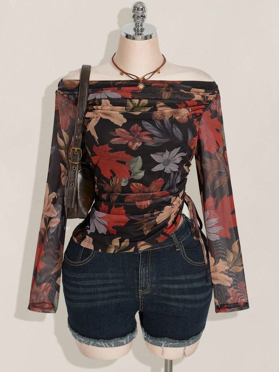 SHEIN ICON Áo thun lưới hở vai in họa tiết cổ điển Y2K cỡ lớn, dây rút bên hông - Nhiều màu - Xem 1