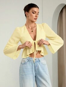 SHEIN Tall 度假休闲纯色 V 领、喇叭袖、喇叭下摆衬衫 - 黃色 - 查看 3