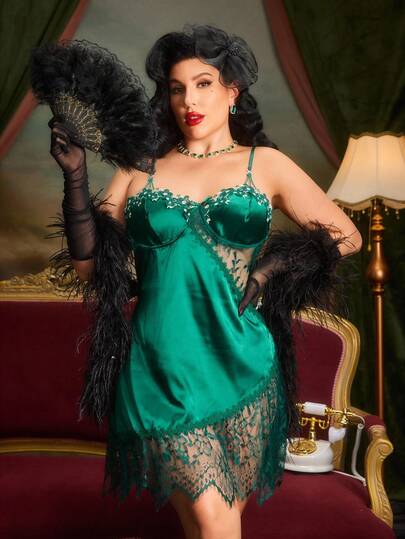 大码撞色花朵刺绣蕾丝拼接仿丝吊带睡袍